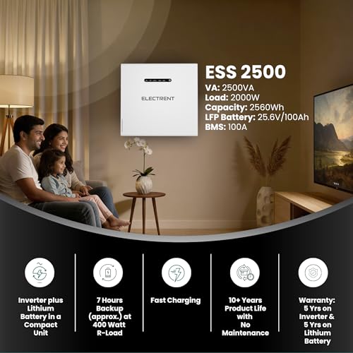 Image of ESS 2500 in-Built Lithium Inverter Battery 2500VA with 25.6V /100Ah Battery for Home Office & Shop | Fast Charging | Compact & Long Life Backup | Wall Mountable | Maintenance-Free