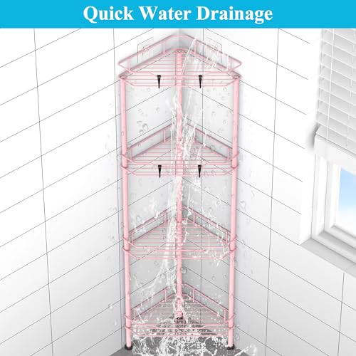 Image of HuggieGems Metal Floor Standing Corner Shower Caddy, Pink, 4 Tier | Adhesive Bathroom Organizer Shelves, Free Standing Shower Rack with Hooks, Hold Large Shampoo Bottles