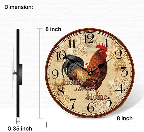 TAHEAT Farmhouse Rooster Wall Clock Battery Operated Silent Arabic Numerals Clock, Country Vintage Wall Clocks for Home/ Office/ School, 8 Inch