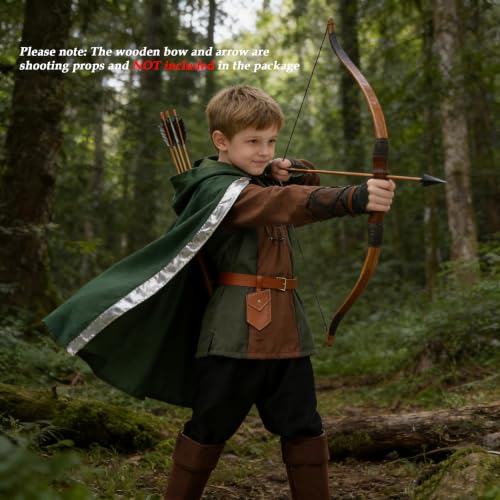 Image of Akokvlar 8 Pcs Medieval Archer Costume for Boys Renaissance Kids Hunter Costume with Cape