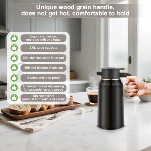 Jefoviee 68oz /2L Stainless Steel Thermal Coffee Carafe, Double Wall Vacuum Carafe Jug with Lid, Thermal Coffee Carafe Jugs with Handle, Warm& Cold Retention for Water, Milk, Tea, Juice- Black by Jefoviee - Image 4