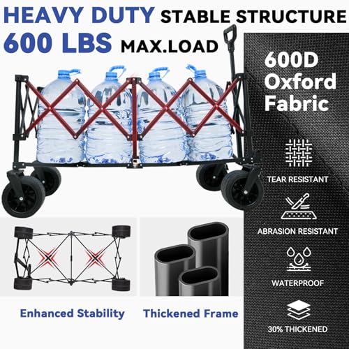 FUNDANGO 600lbs Collapsible Wagon, Foldable Beach Wagons Heavy Duty Garden Cart with Brakes, Side Pockets & All-Terrain Big Wheels for Sports Camping Shopping Groceries, Black - Thumbnail 3