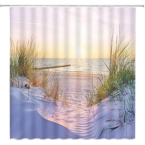 Ocean Beach Shower Curtains Topical Sunrise Beach Sunset Sand Seaside Coastal Peaceful Seascape Nature Landscape Fabric Bathroom Decor Curtain with Hooks Cover