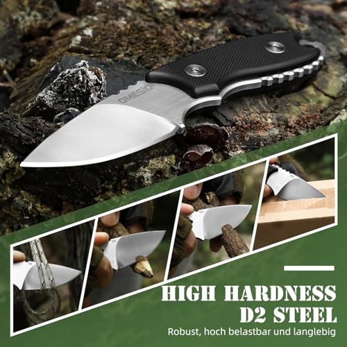 Omesio Neck Knife,Mały nóż stały D2 EDC z pochwą Kydex i łańcuszkiem kulkowym, nóż na szyję do użytku na świeżym powietrzu (czarny)