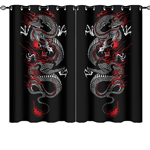 INSFBRB Fantasy Chinese Dragon Curtains - Cool Retro Black Red Japanese Anime Dragon Window Curtain Room Darkening Blackout Curtains Thermal Insulated Grommet Curtains for Bedroom 2 Panels 63L x 36W