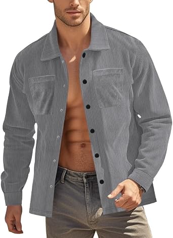 Mens Corduroy Shirt Long Sleeve Casual Trendy Button Down Shirt Fall Lightweight Coat Overshirts with Flap Pockets