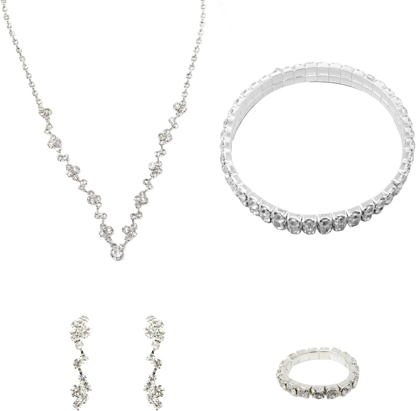 Honbay Rhinestone Jewelry Set 1PCS Bling Crystal Necklace 1 Pair Earrings 1PCS Stretchy Bracelet and 1PCS Elastic Ring for Bride Bridesmaid for Wedding Prom Party or Banquet