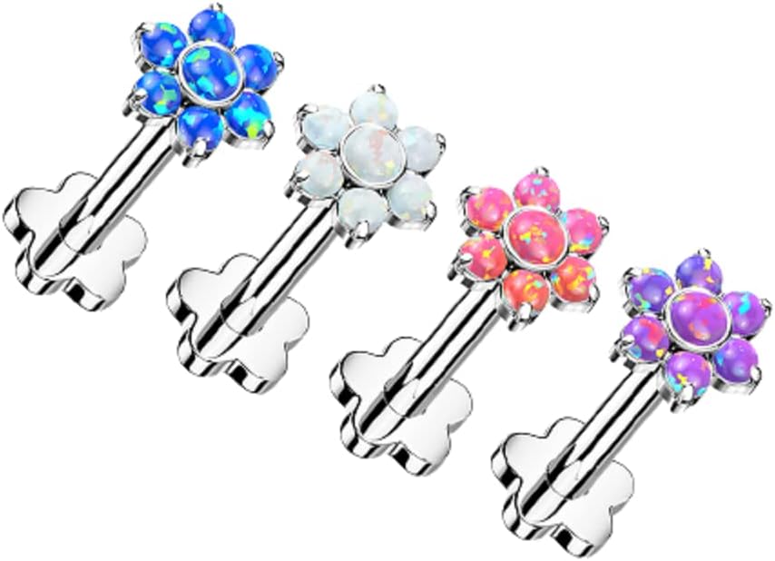 Pierced Owl 16GA G23 Implant Grade Titanium Synthetic Opal Flower Threadless Push-in Flower Base Stud (Purple)