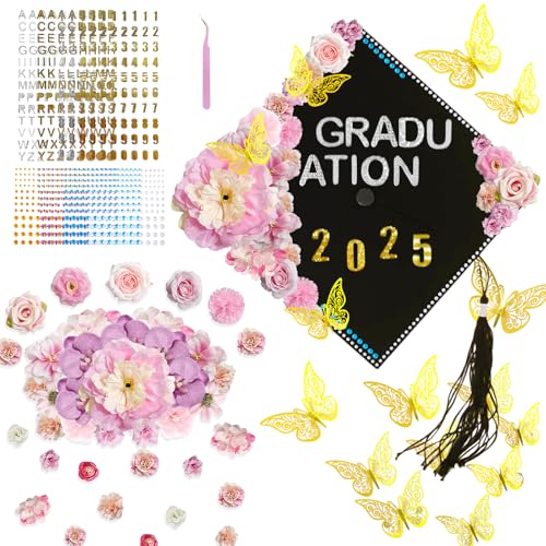 44 Pieces Graduation Cap Decorating Kit, Assorted Artificial Flowers, Rhinestones, Alphabet and Number Stickers and Butterflies for DIY Grad Cap Topper Crafts 2024 Graduation Party Supplies (Pink)