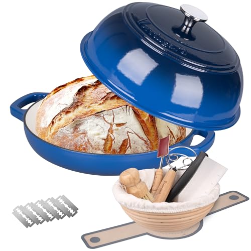 VORRINGARD Enameled Cast Iron Dutch Oven Pot with Lid, Bread Oven for Sourdough Bread Baking, Dutch Ovens with Bread Proofing Basket& Baking Supplies Set, 6 Quart, Blue