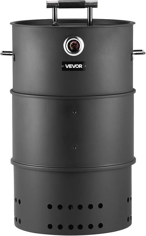 VEVOR Parrilla para ahumar de carbón, ahumador de barbacoa de carbón de barril de 18.5", parrilla de acero revestida para exteriores con 2 rejillas para asar, 1 varilla para colgar, 6 ganchos y termómetro, ideal para fiestas en el patio trasero