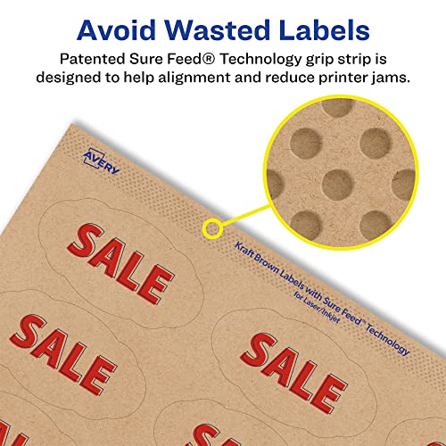 Avery Kraft Brown Oval Scalloped Labels, Sure Feed Technology, 1-1/8\" x 2-1/4\", 315 Kraft Brown Labels, Print-to-The-Edge, Laser/Inkjet Printable