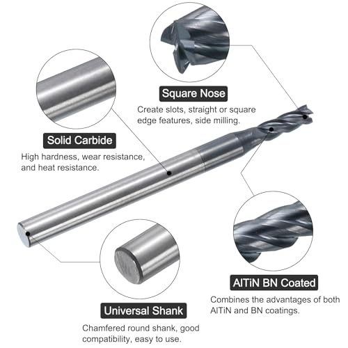 Image of uxcell 5pcs Carbide Square End Mills, 3 /32 inch Dia AlTiN BN Coated 4 Flutes Milling Bit Cutter, for Hardened Steel Cast Iron Alloy Metal, 1 /8 inch Shank 9 /32 inch Cut Length 1-1 /2 inch Long HRC50