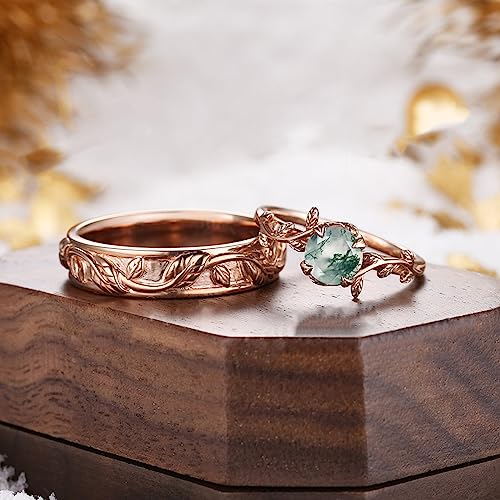 Natural Moss Agate 10K 14K 18K Gold Spiritual Leaf Couple Rings Set Anniversary Birthday Engagment Jewelry Gifts for Couple3