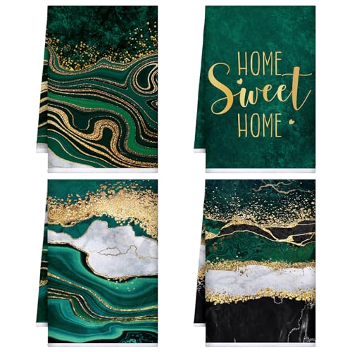 Geyoga 4 Pcs Marble Kitchen Dish Towels Green and Gold