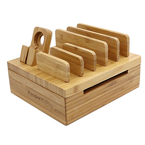 Icozzier Bamboo 5-Slot Removable Tablet Phone Stand Holder Desktop Cord Organizer Multi-Devices Docking Station For Smartphones,Tablets,Iwatch #TOP1