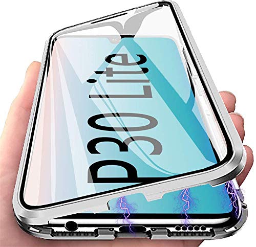 Kcdream Huawei P30 Lite ケース 両面強化ガラス P30 Lite 透明 ケース 金属フレーム 磁気吸着 表裏 前後 360°全面保護 カバー 耐衝撃 擦り傷防止 マグネット式 P30 Lite 透明 全面ガラス(HuaweiP30