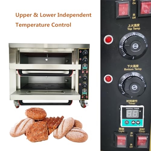 EQCOTWEA Commercial Pizza Oven Double Deck Movable Electric Pizza Oven Stainless Steel Multipurpose Pizza oven for Restaurant with Wheels 6400W 220V Single Phase - Image 3