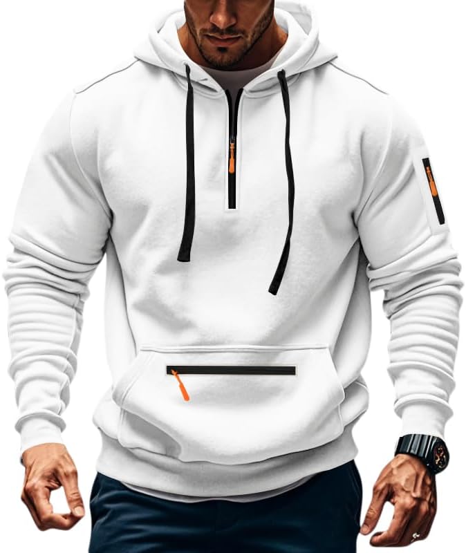 Men's Fleece Hoodie Sweatshirts Workout Athletic Hoodies Long Sleeve Quarter Zip Pullover Sweatshirt with Kanga Pockets
