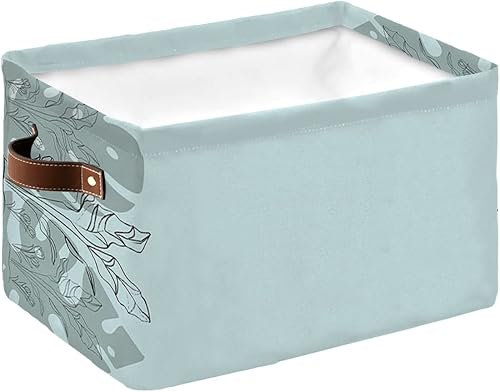 Teal Botanical Storage Basket for Organizing Shelves, Collapsible Storage Bins Boxes with Handle, Modern Black Lines Pastoral Palm Leaves Canvas
