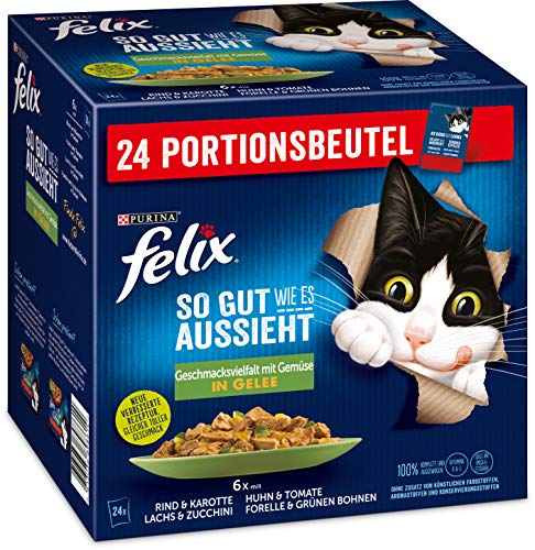 Felix Katzennassfutter So gut wie es aussieht in Gelee Geschmacksvielfalt vom Land mit Gemüse, 4er Pack (4 x 24 x 85 g) Portionsbeutel