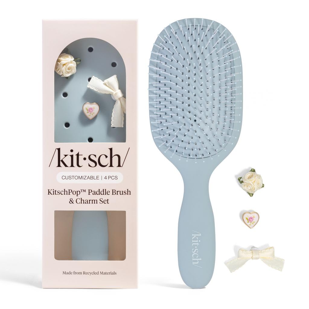 KitschPop™ Paddle Hairbrush for Women – Flexible Bristles Paddle Brush for Less Breakage, Scalp-Stimulating Detangler Hair Brush for Wet & Dry Hair, Customizable with KitschPop™ Charms - Haze Blue