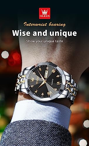 Olevs Mens Two-Tone Stainless Steel Watch Black Big Face Diamonds Classy Watch For Men Fashion Business Mens Dress Watch With Luminous Day Date Men's Wrist Watches, Waterproof Analog Watch For Men #TOP7