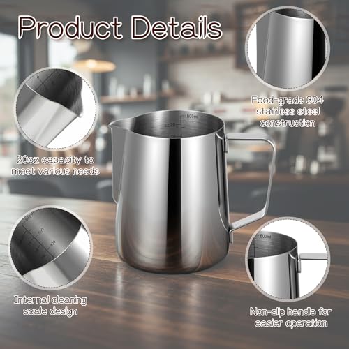 4 Pcs 20oz Milk Frothing Pitcher with 4pcs Latte Art Pen, 304 Stainless Steel Steaming Pitchers with Sharp Spout, Milk Frother Cup for Barista Coffee Bar Espresso, Latte Art (600ml) - Thumbnail 3