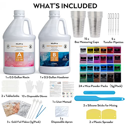 Nicpro 1 Gallon Crystal Clear Epoxy Resin Kit, Casting And Coating Resin Supplies For Art Craft Tabletop, Jewelry Making, Molds, Bar Top With 24 Mica Powder, Gold Foil Flakes, Measuring Cups, Sticks #TOP1
