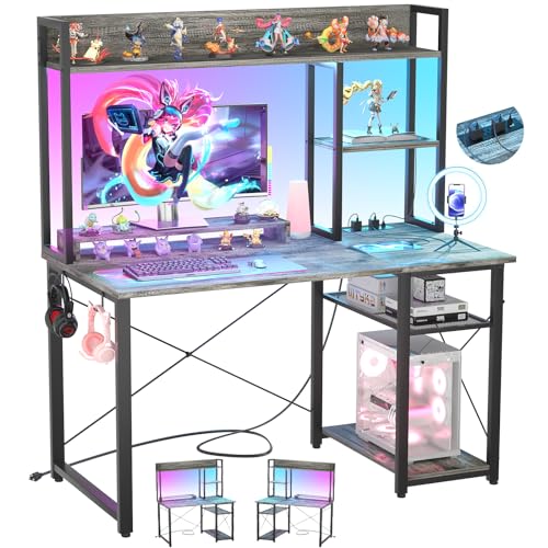 Image of Cyclysio Gaming Desk with Hutch, 39'' Computer Desk with LED Lights & Power Outlets, Home Office Desk with Reversible 5 Tiers Storage Shelves & Monitor Stand, Small Gaming Table for Small Space, Grey