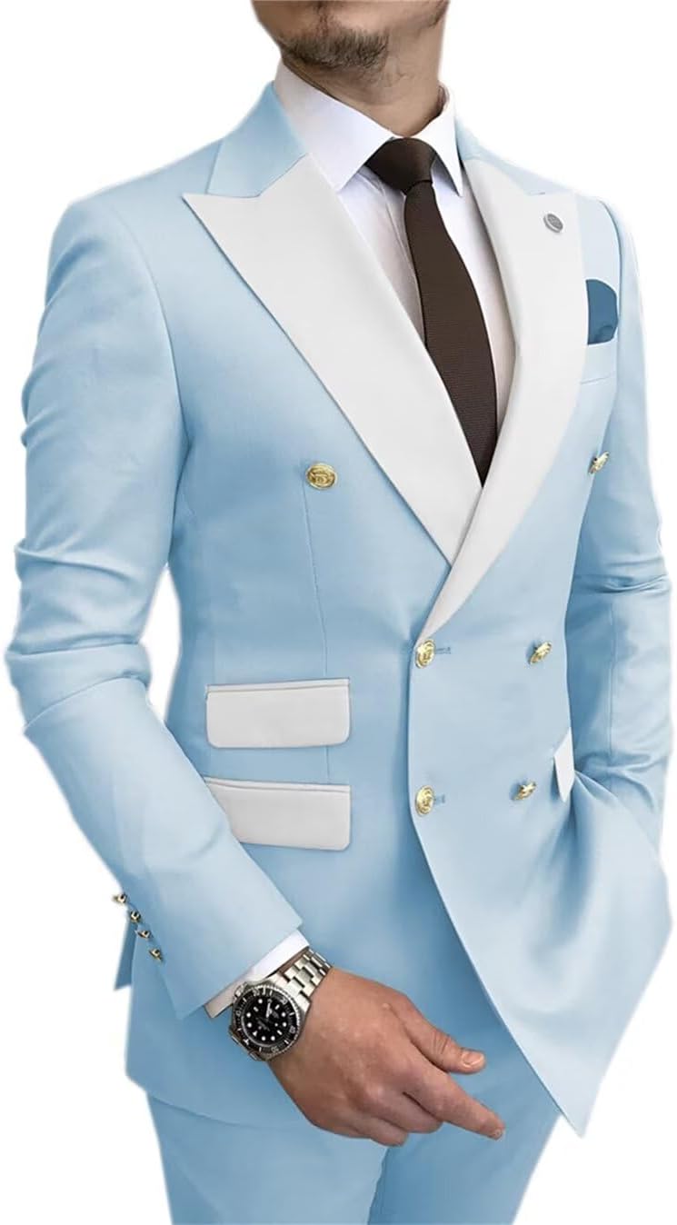 Men's Suits Slim Fit, Double Breasted Suit for Men, 2 Piece Suit Tuxedo Solid Jacket Pants Set Wedding Prom Party Light Blue