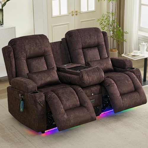 Image of URRED Power Loveseat Recliner Sofa with Massage and Heat,Brown | Wall Hugger Reclining Loveseat with Console, RV Couch Home Theater Seating with LED Lights for Living Room, Velvet Fabric