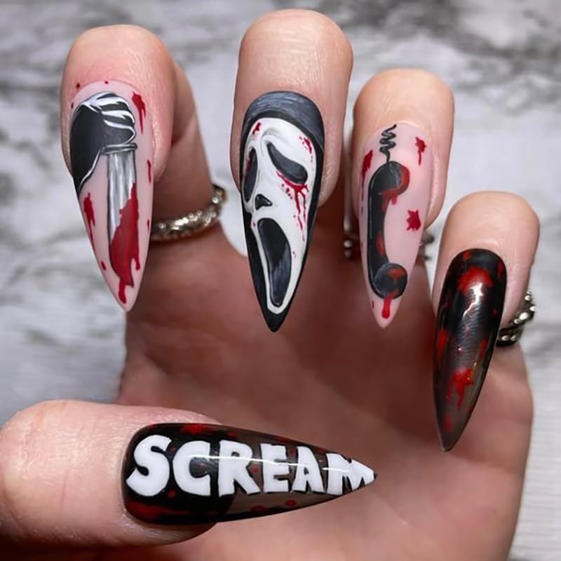 24Pcs Halloween Press on Nails Long Almond Ghost Knife Fake Nails with Glue Matte Design Long Acrylic Nails for Women DIY Manicure Tip Halloween Holidays Party Nail Decoration
