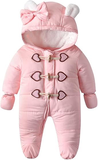 Baby Winter Snowsuit Warm Hooded Coat Onesie Romper Jumpsuit with Footed Gloves for Boys Girls 3-24 Months