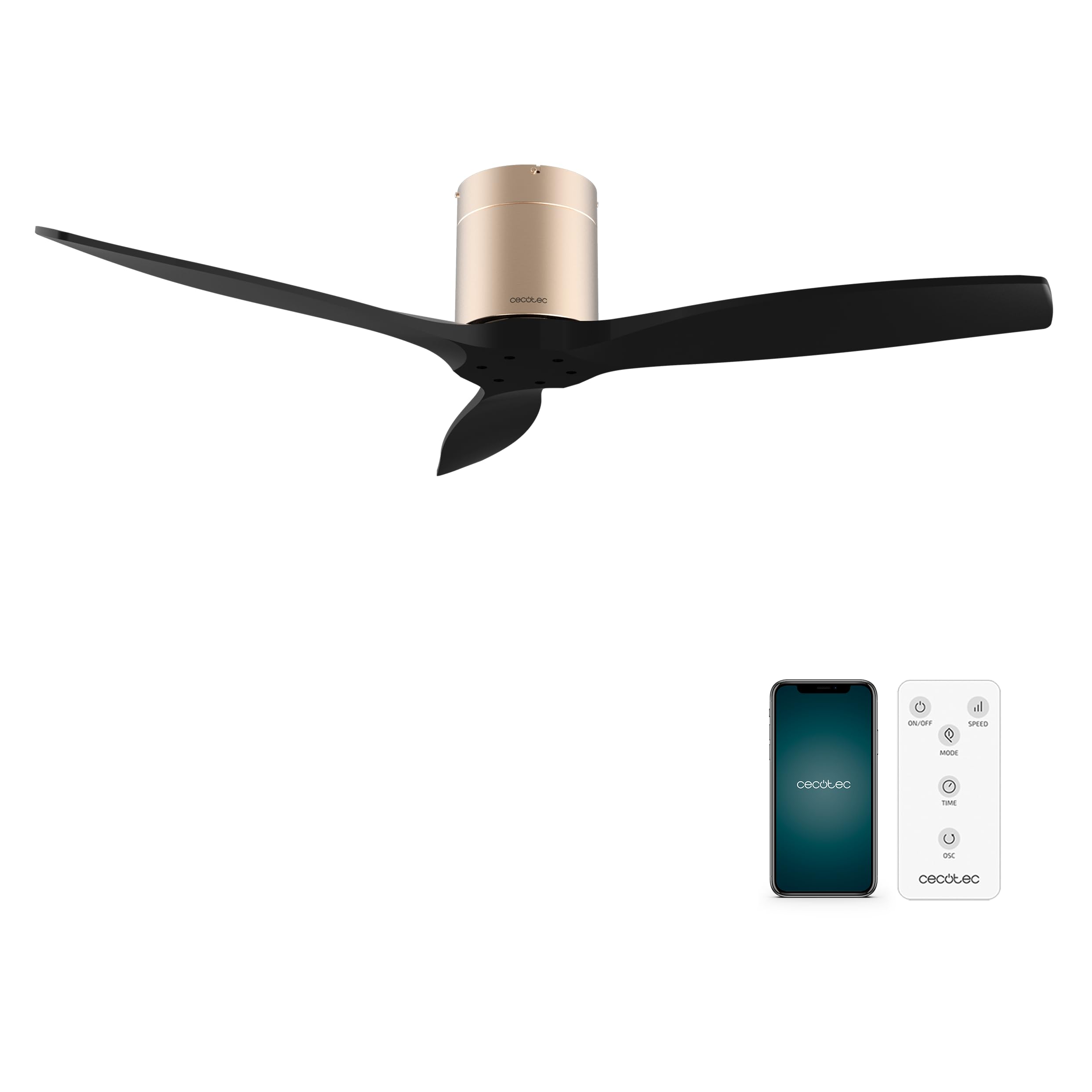 Cecotec - EnergySilence Aero 5500 Aqua GoldBlack - podłączony wentylator sufitowy, silnik 40 W DC, średnica 132 cm, niskie zużycie, Wi-Fi, zdalny, na zewnątrz, timer, lato i zima, cichy