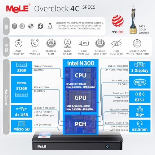 Image of MeLE Mini PC Overclock 4C with Windows 11 Pro,Micro Desktop Computer N300 32GB RAM DDR4 512GB SSD, 4K Triple Display, USB-C, USB3.2 /WiFi /BT /Ethernet on Business Home Office Linux Portable PC with Fan