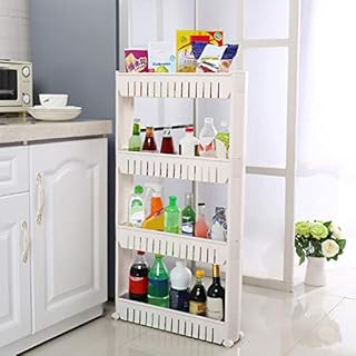 Warmiehomy Slide-Out Trolley Rack Holder, 4 Tier Storage Cart, Slim Shelving Unit Organizer on Wheels, for Bathroom, Kitchen, Office, Garage