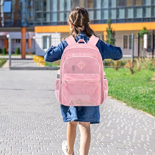 MOONBABY Mesh Backpack for Girls Mesh Bookbag Heavy Duty See Through Semi-Transparent School Bag for Swimming, Beach, Sports, Work, Travel (Pink) by MOONBABY - Used condition - Image 2