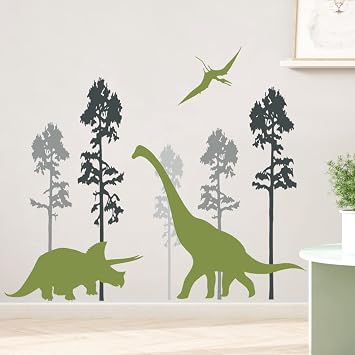 Green Dinosaur Vinyl Wall Decals, 2 Sheets, Giant Tree Decoration for Kids Teens Bedroom Living Room Nursery Playroom Decor
