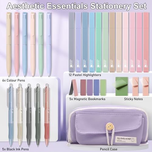 COZCLAM 32pcs Aesthetic Stationery Supplies with Purple Pen Case, 12 Pastel Highlighters, 6 Colour Pens, 5 Black Pens - Image 2