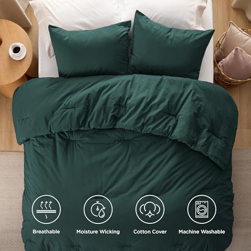 Image of Bedsure Comforter Set Queen Size - Cotton Fabric with Microfiber Inner Fill, Forest Green PureWoven Soft Bed Set for All Seasons, 3 Pieces, 1 Comforter (90 inchx90 inch) and 2 Pillow Cases (20 inchx26 inch)