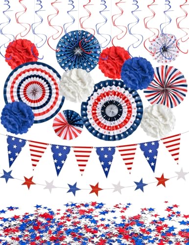 27 PCS 4th of July Decorations, 250th Memorial Day Red White Blue Paper Fans Patriotic Decorations, Banner Pompom Garland and Hanging Swirls Set for Fourth of July Independence Day Décor