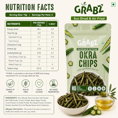 Image of GRABZ Crispy Bhindi Okra Chips| Air-Cooked, Solar-Dehydrated | Low Calorie Snacks - Roasted , Namkeen - No Transfat Diet| Gluten Free, Low Gi, No Cholesterol & Dried Vegetables chips | High Fiber, Olive Oil & Spicy Garlic Masala Flavor | 20g Each (Pack of 3)