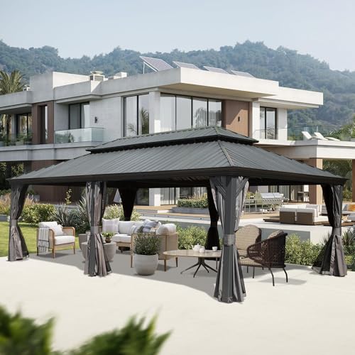 Domi 14' X 24' Hardtop Gazebo Large Outdoor Metal Gazebo Canopy with Galvanized Steel Double Roof, Aluminum Frame, Curtains and Netting for Patio, Deck, Garden, Grey - Image 2