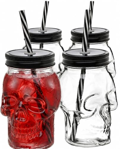 Godinger Skull Mason Jar Mug Tumbler Glass Cups with Cover and Straw, Halloween Decor, Drinking Glasses - 16oz - Set of 4