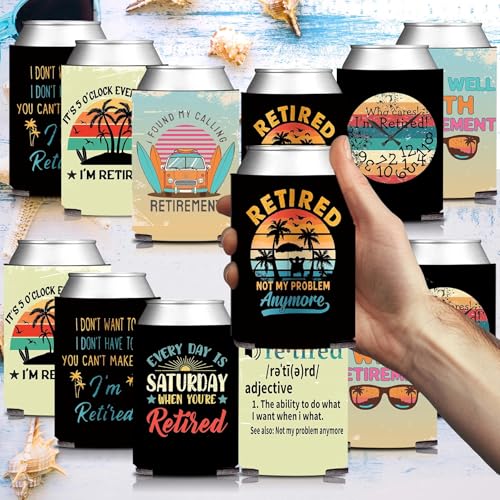 HAPPARTY Retro Retirement Can Cooler Sleeves 12PCS, Vintage Beach Coastal Funny Retired Party Favors Gifts for Retirement Vacation Decorations Supplies