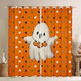 Homewish Halloween Geist Gardinen Kinder,Bunte Geometrische Tupfen Vorhänge Niedliches Kleines Gespenst Fenstervorhang 137x117(HxB) 2 Paneele Kürbis Halskette Horror Dekor Verdunkelungsvorhänge