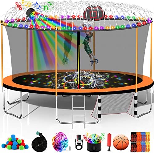 1500 LBS Trampoline for Kids and Adults, 8 FT 12 FT 14 FT 16 FT Trampoline with Lights, Disco Ball with Speaker, Enclosure Net, Sprinkler, Water Balls, Socks – Heavy Duty Outdoor Trampolines