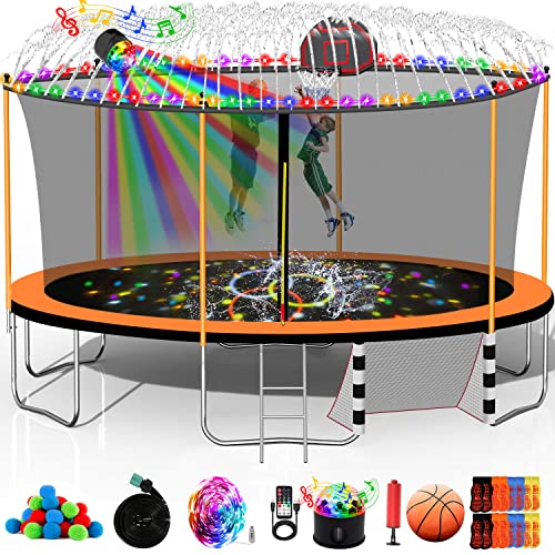 Goujxcy 12FT 14FT 16FT Trampoline for Kids Adults, 1500 LBS Outdoor Trampolines with Basketball Hoop, Lights with Speaker, Sprinkler, Enclosure, Ladder, Recreational Backyard Bounce Happy Orange 16 FT