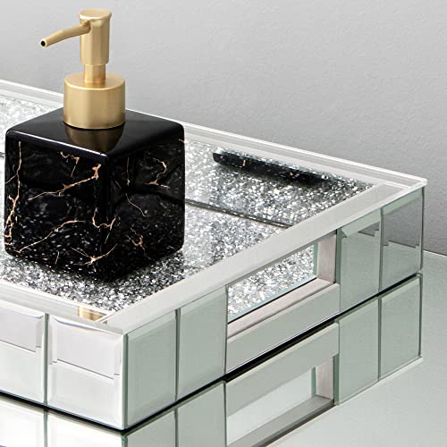 Crystal Diamond Mirrored Silver Tray- 15"X11"X2" Gorgeous Rectangle Tray With Hand Decorative Tray Makeup Tray For Dresser Vanity Room, Bathroom, Hallway #TOP5